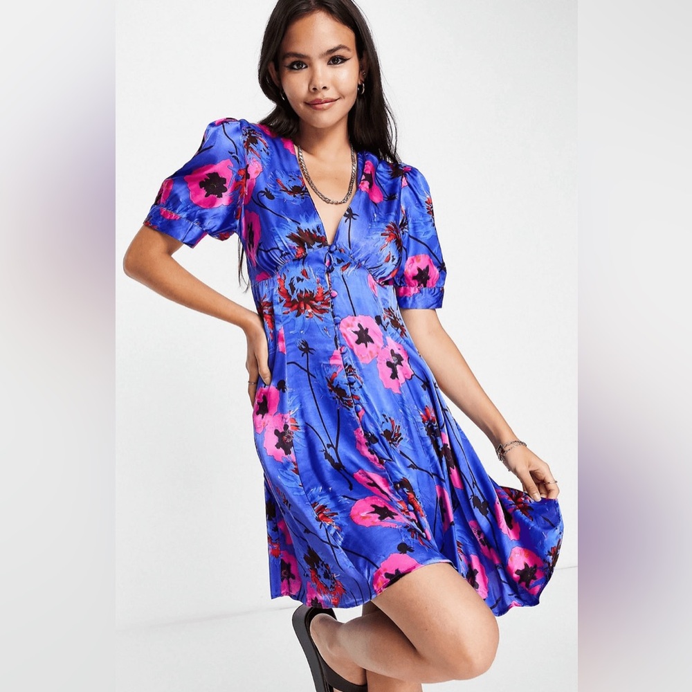 Topshop Vibrant Blue and Pink Floral Midi Dress